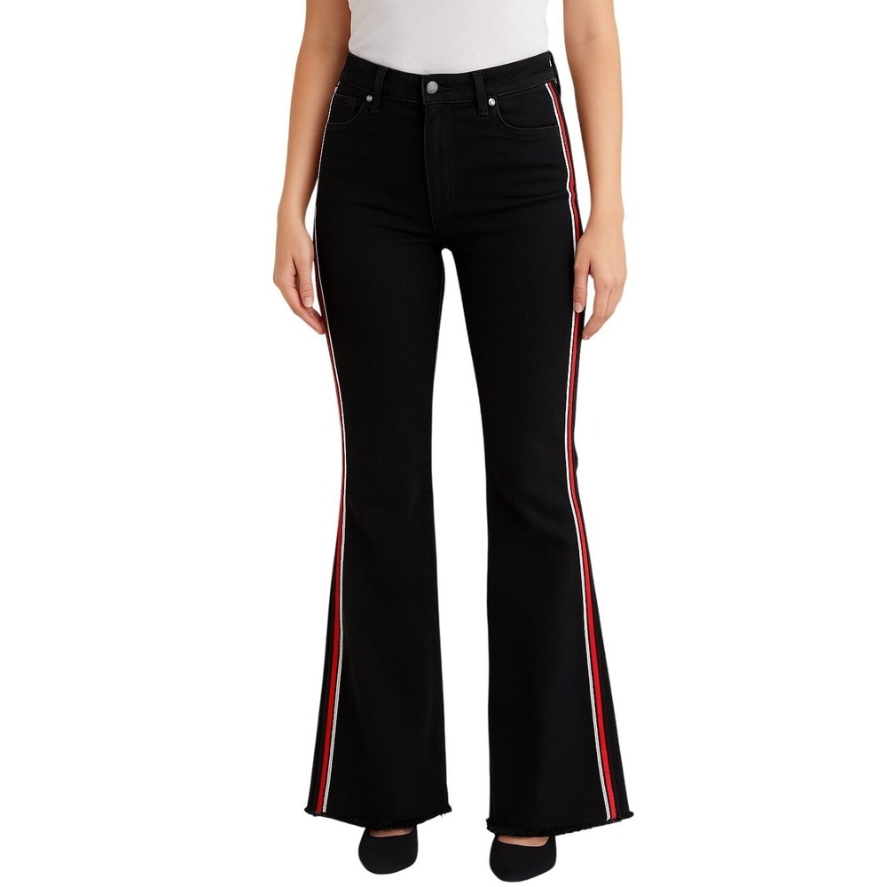 Revice Denim LA Stripe Flare Jeans 30 Black‎ Moto Racer Raw Hem Side Stripe Wms